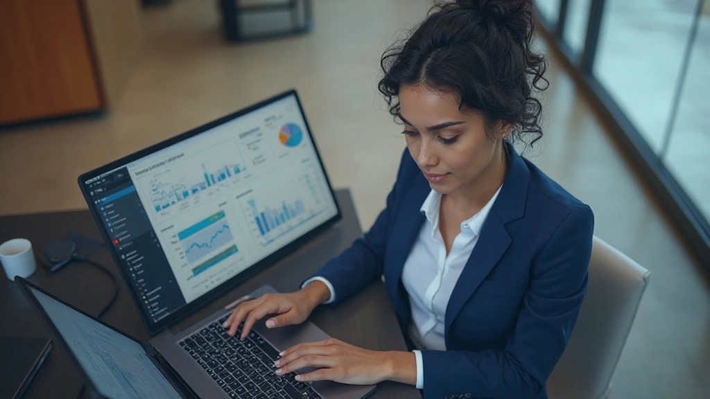 Аналитик изучает данные на мониторе компьютера в офисе