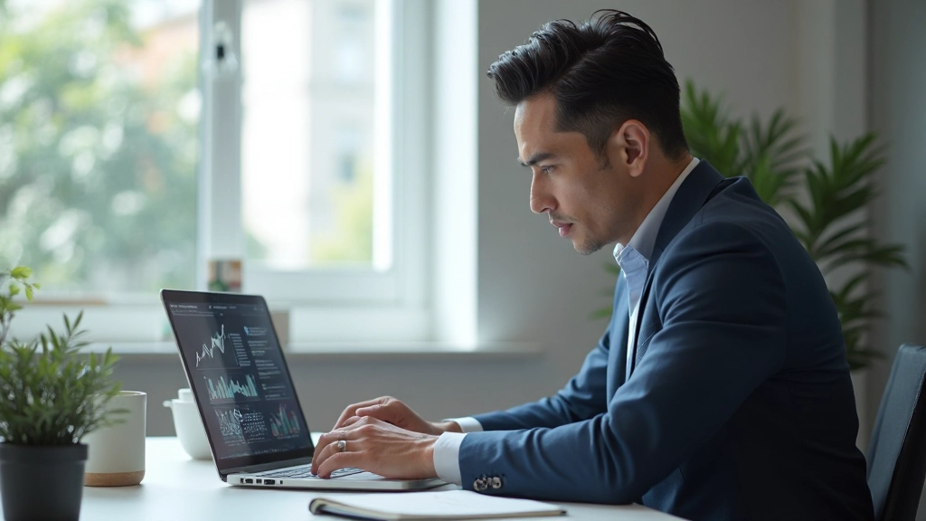 Специалист маркетинга анализирует результаты A/B тестирования на мониторе компьютера в современном офисе